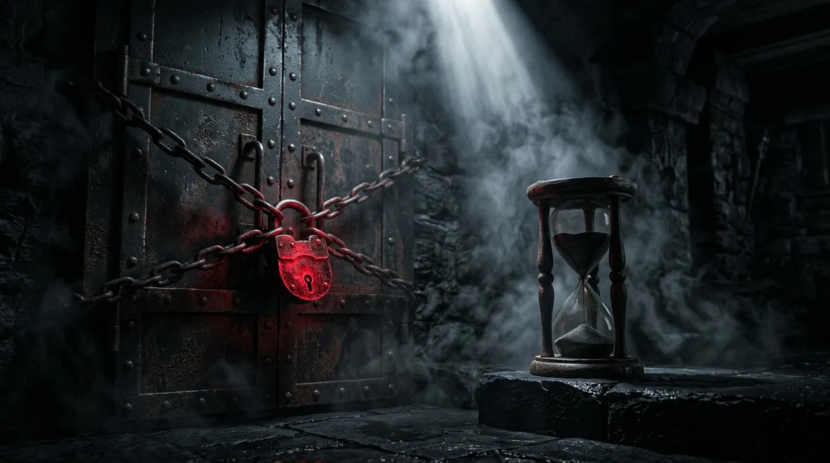 A vault door chained with a crimson-glowing padlock beside an hourglass, noir smoke