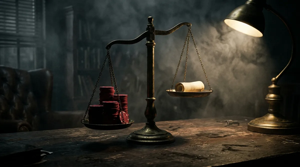 Old brass scales tipping under a stack of crimson chips versus a thin paper licence scroll, noir