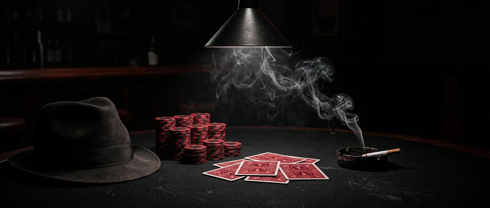Noir scene: fedora and crimson-backed cards on a smoky black table under a single hanging lamp
